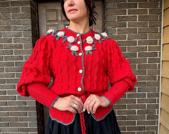 Vintage Austrian cardigan, hand knitted Austrian cardigan, white cardigan, embroidered cardigan