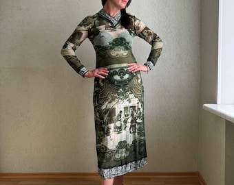 Jean Paul Gaultier Classique Mesh Maxi Dress | Tableau Landscape Print | Vintage JPG Mesh Polo Dress | Rare Collector's Piece