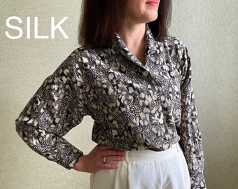 Vintage blouse, vintage silk Blouse, Retro blouse, Animal print Blouse, wide sleeves blouse