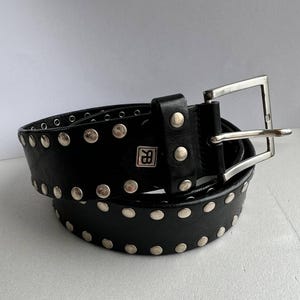 Vintage  leather belt ,black belt,  Black leather belt with studs, Wide thick leather belt with silver  buckle, Studded leather belt