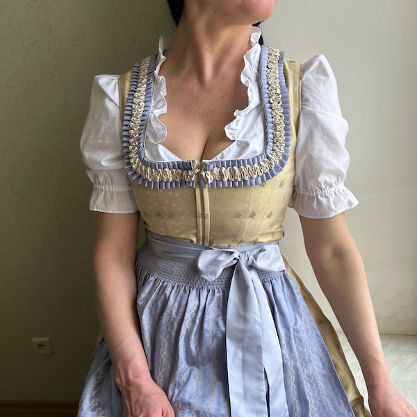Vintage Dirndl Dress Set, Bavarian Trachten Dress, Alpine Classics Vintage Dirndl Dress , Pastel Yellow & Blue Bavarian Costume
