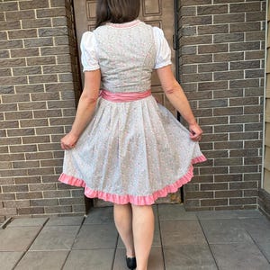 May include: A grey dirndl dress featuring a small pink floral pattern, a white blouse with short puffed sleeves, a solid pink satin waist sash, and a wide pink ruffled hem. The bodice has a high back and the skirt is pleated at the waistline.