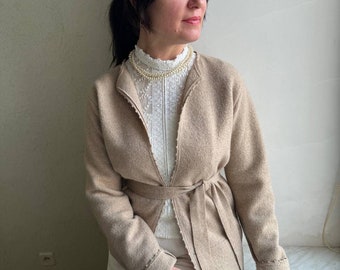 Vintage cardigan, wool cardigan,  knitted cardigan, cardigan with a belt, beige cardigan