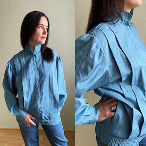 Vintage 80s  blouse, navy blue blouse, lantern sleeve blouse,   puffy sleeves