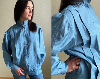 Vintage 80s  blouse, navy blue blouse, lantern sleeve blouse,   puffy sleeves