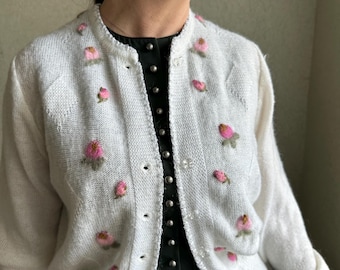 Vintage Embroidered White Cardigan with Pink Rosebuds, Cottagecore Aesthetic Knit Sweater, Floral Button Up Cardigan, Shabby Chic Knitwear