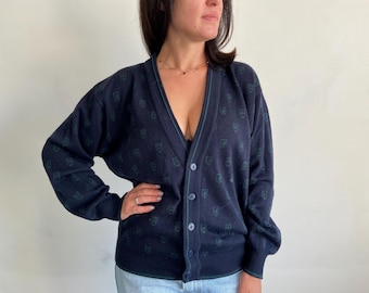 Vintage  Wool Blend Cardigan, Dark Academia Grandpa Sweater, Navy V-Neck Button Up, Size 50 XL/XXL, 90s Retro Knitwear