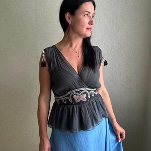 Boho Silk Blouse with Embroidered Waist and Tassel Details, Deep V-Neck Peplum Top, Silk embroidered blouse