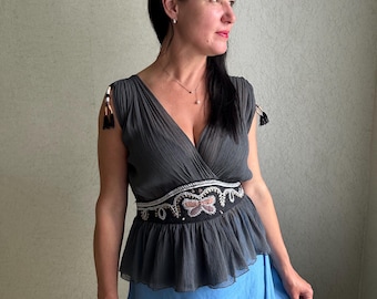 Boho Silk Blouse with Embroidered Waist and Tassel Details, Deep V-Neck Peplum Top, Silk embroidered blouse