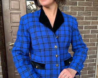 Vintage Blue Check Blazer for Women, Wool Plaid Jacket with Black Velvet Collar, Elegant 80s Blazer, Classic Tailored Coat