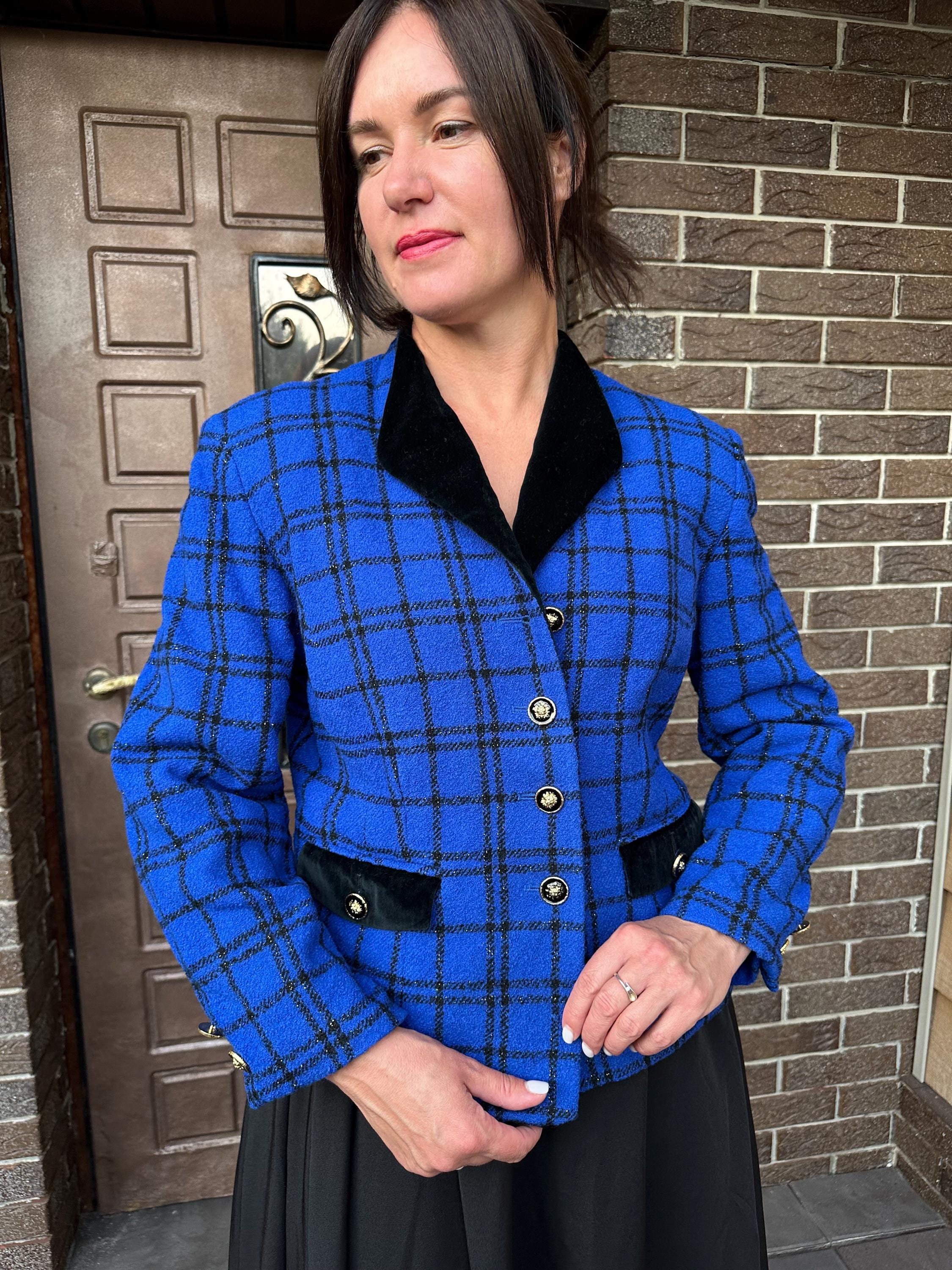 Vintage Blue Check Blazer for Women, Wool Plaid Jacket With Black