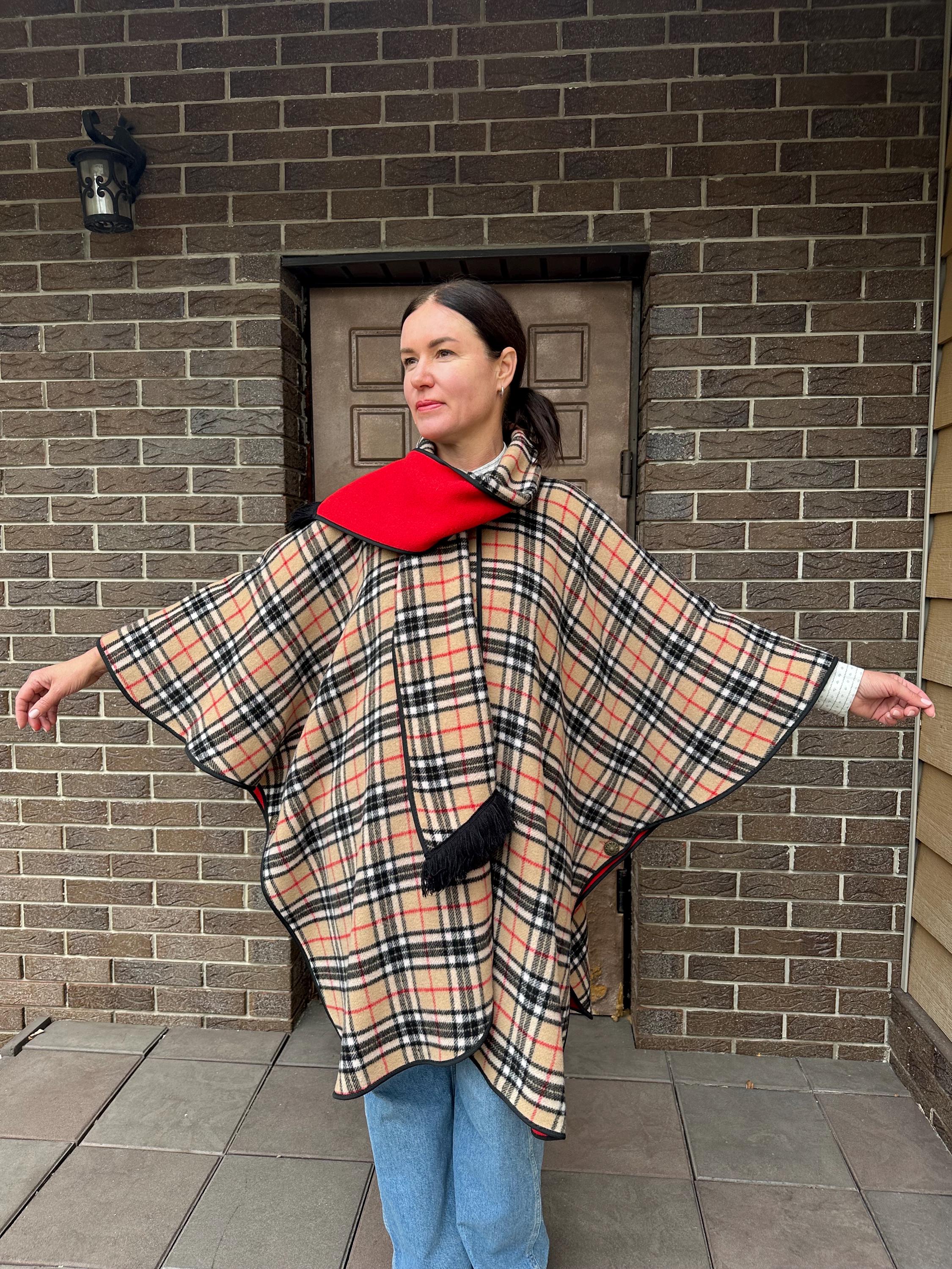 Reversible Red Blend Tartan Plaid Cape Poncho, Kesta London