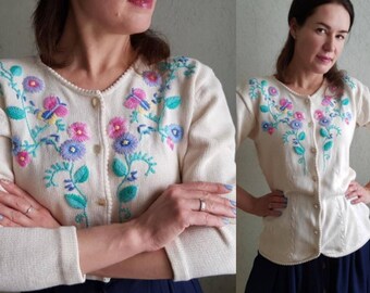 Vintage cardigan, knitted cardigan, cardigan with embroidery,