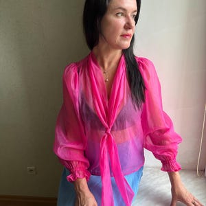 Vintage Style blouse,  Sheer Blouse with Bow Tie Neck, Romantic Puff Sleeve blouse – Cottagecore Organza Shirt for Women, pink blouse
