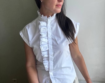 Blusa vintage, blusa blanca vintage, blusa con volantes, blusa de algodón, blusa de secretaria