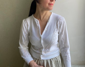 Vintage cardigan, Austrian cardigan,  knitted cardigan, white cardigan