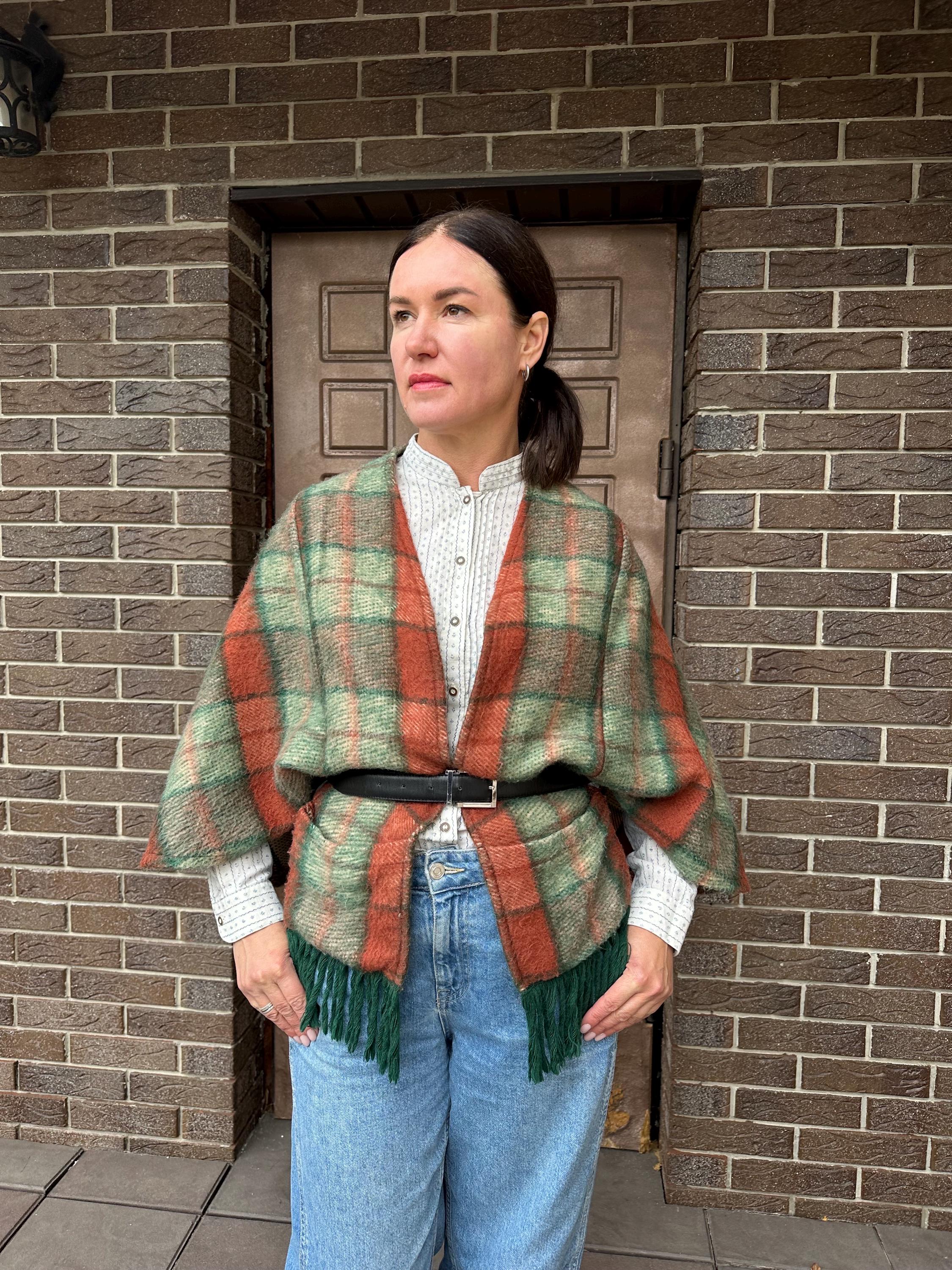 VINTAGE Damart Plaid Poncho Cape Shawl, Rustic Orange Green Tartan