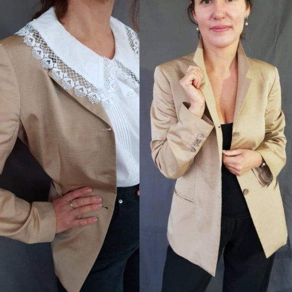 Silk Blazer, Vintage Blazer Women Beige Blazer, 90s Blazer