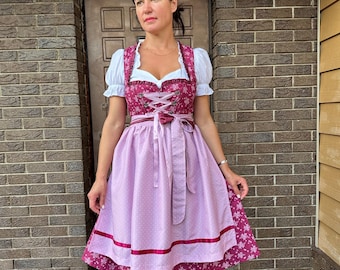 German Dirndl Dress 3-Piece Set, Pink and Berry Bavarian Trachten Kleid for Oktoberfest , Traditional Austrian Folk Dress
