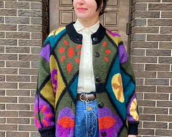 Vintage Cardigan,  multicolor wool cardigan, Knitted cardigan