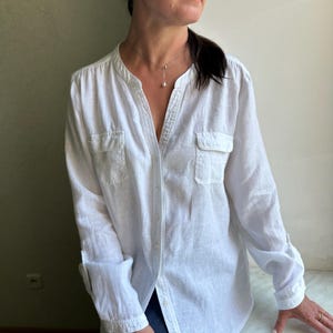 White Linen Blouse, Made in France, Long Sleeve Button-Up Shirt,  Lightweight Summer Top,  Boho Minimalist Linen blouse