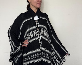 Vintage Alpaca Wool Poncho | Peruvian Handwoven Black & White Cape | Boho Festival Fringe Shawl | Cozy Winter Outerwear