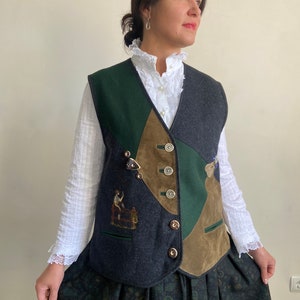 Vintage vest, Austrian vest, Bavarian vest, wool vest, multicolour vest,  embroidered vest , combined leather vest