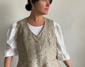 Vintage linen vest, vest with embroidery