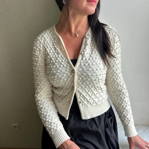 Vintage cardigan, knitted Austrian cardigan, beige cardigan, puffy sleeves cardigan,  knitted cardigan, kable knitted cardigan, size S