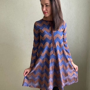 MISSONI blue striped zigzag dress, A-siluet dress, Chevron Print Dress , Metallic Knit Dress, size XS/S