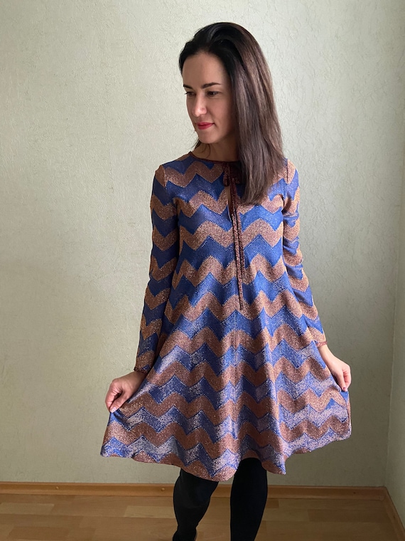 MISSONI Blue Striped Zigzag Dress, A-siluet Dress, Chevron