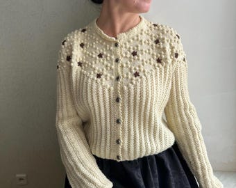 Vintage Austrian cardigan, hand knitted Austrian cardigan, white cardigan, embroidered cardigan