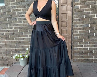 Zwarte maxi-petticoatrok met ruches, lange gelaagde tulerok, gothic renaissancekostuum slip, boho festivalrok, halloweenkostuum