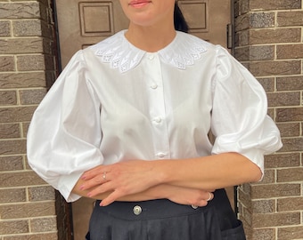 Vintage blouse, Wide collar blouse, vintage  women’s cotton blouse, Folk Shirt with Embroidery, wide collar blouse