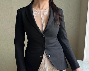Chaqueta negra vintage, blazer de mujer, blazer de lino, chaqueta de lino vintage, chaqueta negra clásica, Side S
