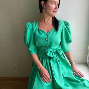 Vintage Austrian Dirndl Silk Dress,  Puffy Sleeve Dress, Traditional Trachten Dress, Oktoberfest Outfit, Size L