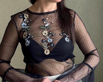 Vintage style blouse, sheer black blouse, black  guipure blouse,  Victorian style blouse, black blouse