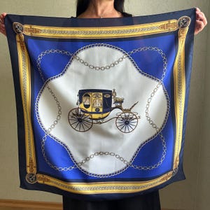 Luxury Italian Polyester Scarf, Elegant Blue Gold Vintage Carriage Print,  Made in Italy