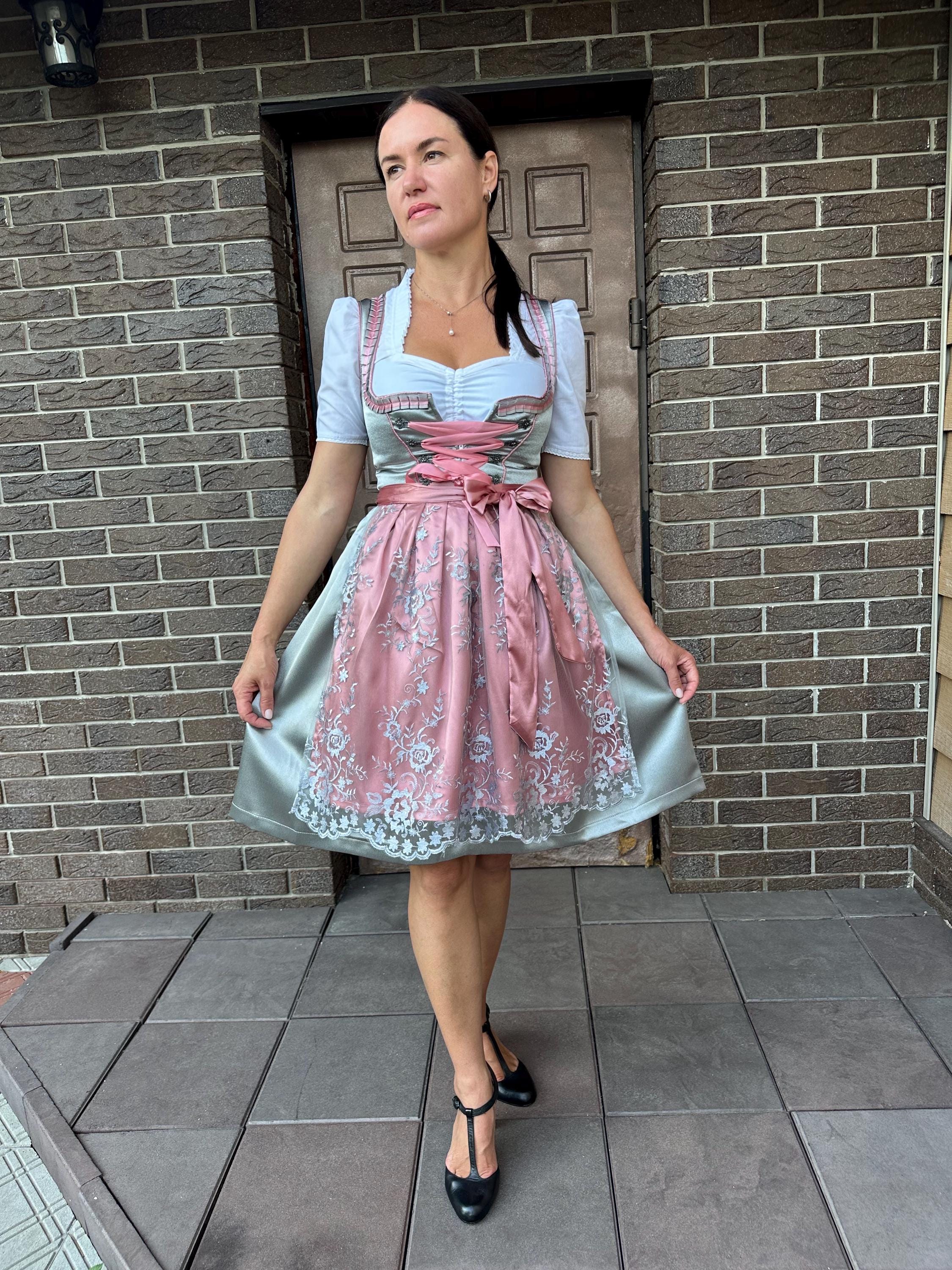Traditional Dirndl Dress for Women, Pink & Silver Oktoberfest Outfit with Lace Apron, German Bavarian Costume