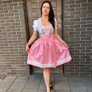 May include: A dirndl dress featuring a white blouse with short puff sleeves, a light gray bodice with a floral pattern and pink lace-up detailing, and a solid pink skirt with a matching floral patterned hem border and a tied pink waist apron.