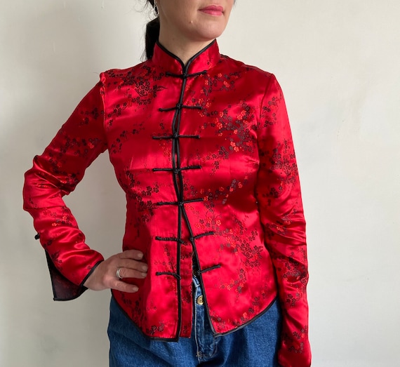 Chinese style blouse, red kimono, robe cover, Chi… - image 1