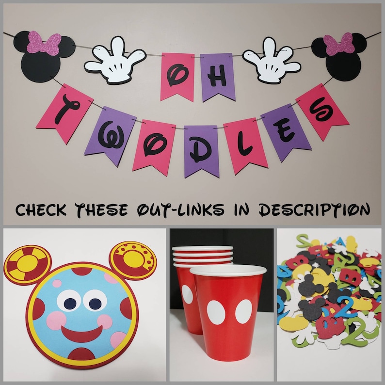 May include: A colourful banner spelling "Twoodles" with Mickey Mouse-themed decorations. The image also shows red cups with white dots, a character face, and confetti, perfect for a themed party.