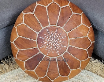 Moroccan Handcrafted Leather Pouf, handmade leather pouf, brown pouf, Moroccan ottoman pouf, Moroccan vintage genuine leather pouf,UNSTUFFED