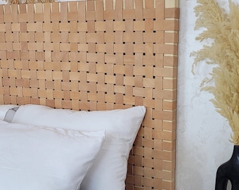hanging headboard ,Freestanding wall mount woven Leather strap HEADBOARD leather,king queen bed, double,light Tan headboard , esy to instal