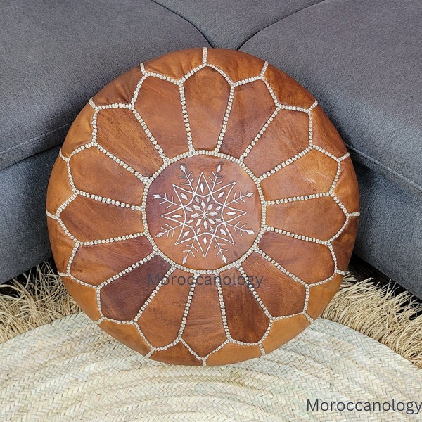 Moroccan Handcrafted Leather Pouf, handmade leather pouf, brown pouf, Moroccan ottoman pouf, Moroccan vintage genuine leather pouf,UNSTUFFED