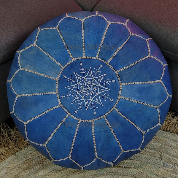 Pouf marocain bleu ottoman en cuir, pouf en cuir fait main, pouf marron, pouf ottoman marocain, pouf marocain en cuir véritable vintage, non rembourré