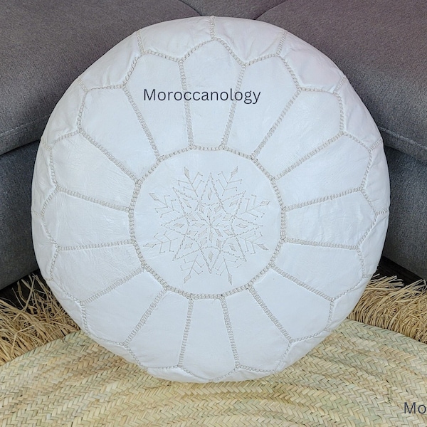 Moroccan Handcrafted Leather Pouf, handmade leather pouf, white pouf, Moroccan ottoman pouf, Moroccan vintage genuine leather pouf,UNSTUFFED