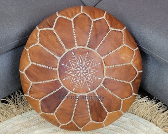 Pouf en cuir artisanal marocain, pouf en cuir fait main, pouf marron, pouf ottoman marocain, pouf en cuir véritable vintage marocain, non rembourré