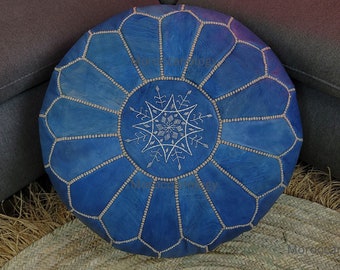 Pouf marocain bleu ottoman en cuir, pouf en cuir fait main, pouf marron, pouf ottoman marocain, pouf marocain en cuir véritable vintage, non rembourré