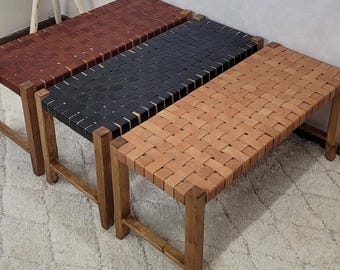 Handcrafted Leather Wood Seating, Rustic Home Office Garden Furniture, Custom Size Finish Artisan Design